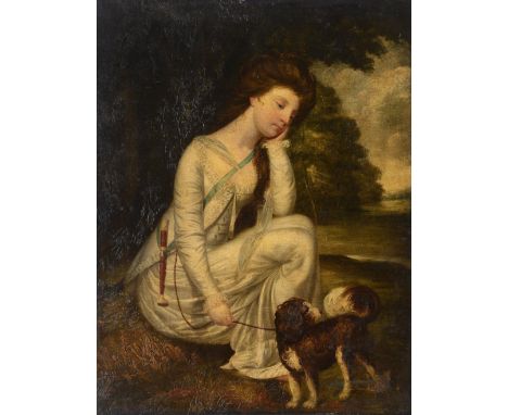 ENGLISH SCHOOL, 19th CENTURY PORTRAIT OF A LADY Seated full length by a tree, wearing a white dress, a spaniel at her feet, o