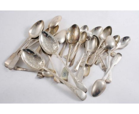 A MIXED LOT: Two engraved table spoons, five dessert spoons twelve tea / small spoons, a set of six Bead pattern tea spoons b