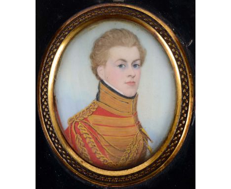 ATTRIBUTED TO FREDERICK BUCK Miniature portrait of a young officer in uniform, on ivory; 6.75 x 5.5 cms