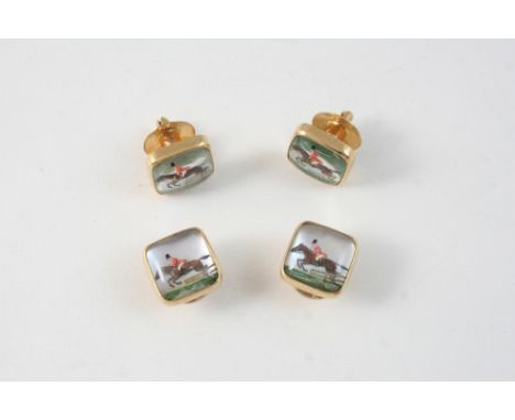 A PAIR OF 19TH CENTURY REVERSE CARVED CRYSTAL INTAGLIO HUNTING CUFFLINKS BY BOUCHERON each depicting a huntsman jumping a fen