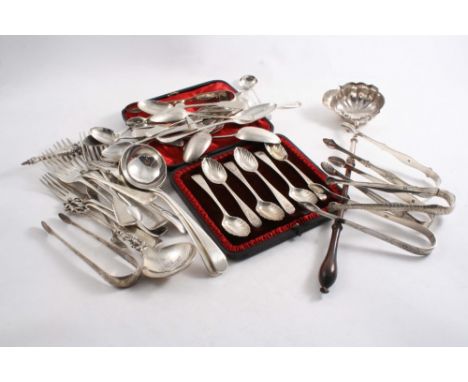 A QUANTITY OF MISCELLANEOUS FLATWARE TO INCLUDE: six pairs of sugar tongs, nine forks nineteen spoons, a cased set of six tea