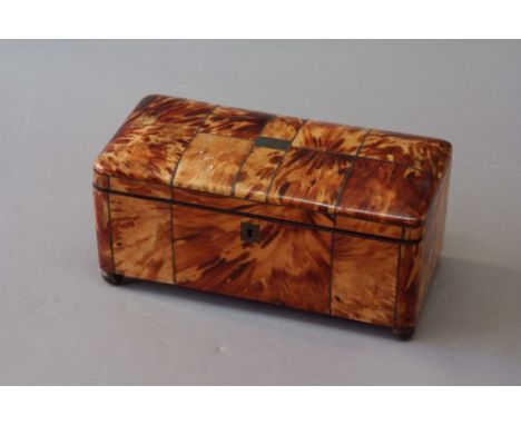 A BLONDE TORTOISESHELL TEA CADDY, with pewter lines, the interior with two lidded divisions flanking a vacant space for a bow
