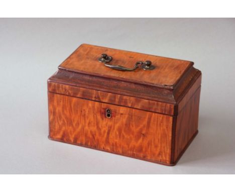 A GEORGE III SATINWOOD AND MAHOGANY TEA CADDY the back of burr yew, with a coved lid and three vacant divisions, 9 1/4ins. (2