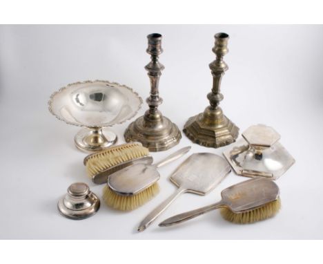 A MIXED LOT: A modern small pedestal dish, two modern capstan inkwells, a modern five-piece dressing table set & two 19th cen