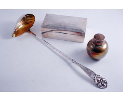 A MIXED LOT: A modern cigarette box, a squat circular tea caddy with pull-off cap, & a large plated punch ladle by W.M.F.; th