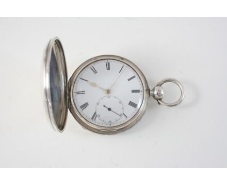 A SILVER FULL HUNTING CASED POCKET WATCH the white enamel dial with Roman numerals and subsidiary seconds dial, the movement 