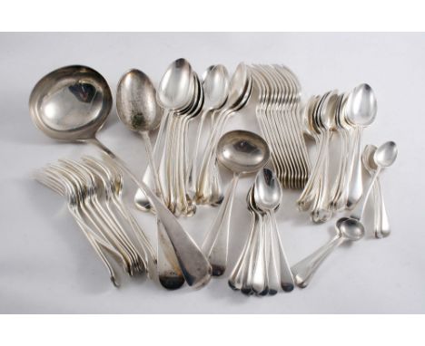 A CANTEEN OF OLD ENGLISH PATTERN FLATWARE COMPRISING:- Twelve table forks, twelve table spoons, twelve dessert forks, twelve 