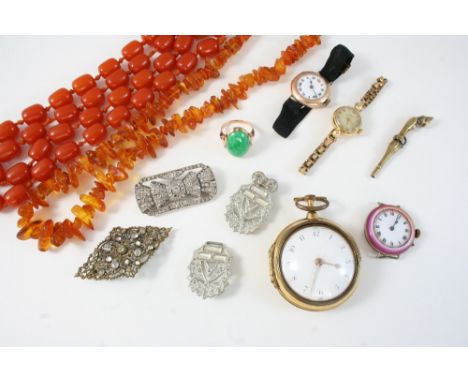 A QUANTITY OF JEWELLERY including a jade and 14ct. gold ring, size M, two amber necklaces, and various other items.