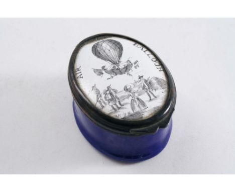 AN ENAMELLED COPPER PATCH BOX oval with an "AIR BALLOON" scene & attendant figures c.1790;  2"  (5 cms) long