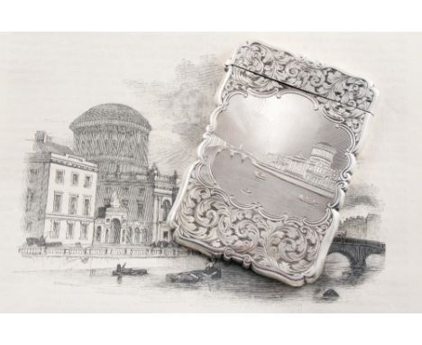 A VICTORIAN ENGRAVED "CASTLETOP" CARD CASE of shaped oblong outline with a view of the Four Courts, Dublin on the front, the 