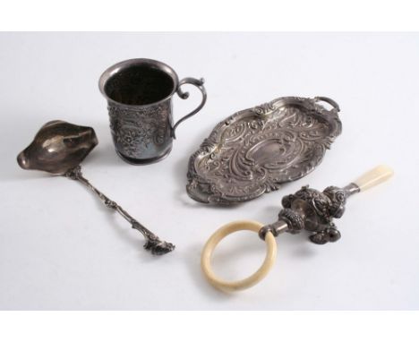 A MIXED LOT: A small late Victorian embossed pin tray, a small mug, a child's rattle with ivory & mother of pearl teethers, &