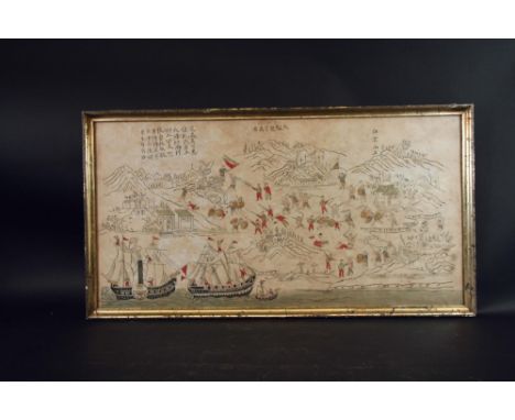 A COLOURED PRINT of a coastal skirmish between Europeans and Chinese, the reverse with an extract of a letter from Lieut. A H