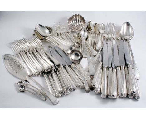 A COLLECTED OR HARLEQUIN CANTEEN OF OLD ENGLISH BEAD PATTERN FLATWARE & CUTLERY INCLUDING:- A set of twelve table spoons, twe