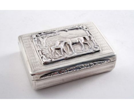 A GEORGE IV OBLONG SNUFF BOX with engine-turning, the cover set with a plaque decorated in low relief with a mare & foal, gil