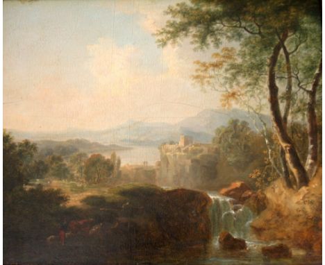 ATTRIBUTED TO JOHN RATHBONE (c.1750-1807) A LAKE LANDSCAPE WITH A WATERFALL With a monogram, oil on panel 32 x 39.5cm. ++ Som