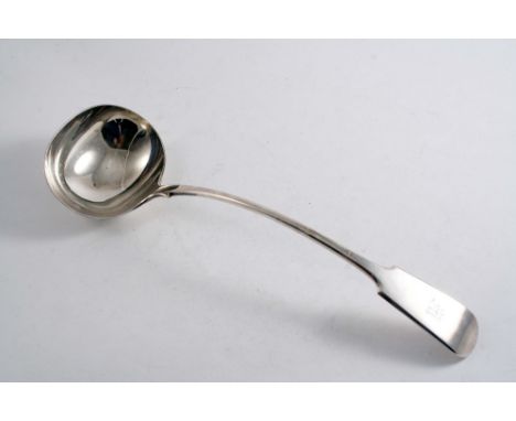 A LATE VICTORIAN FIDDLE PATTERN SOUP LADLE initialled "M", by James Dixon & Sons, Sheffield 1897;  13.3"  (34 cms) long;  9.1