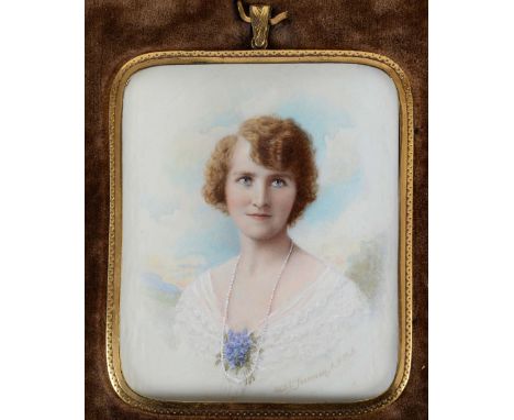 W.HILL THOMSON A.R.M.S. Miniature portrait of a lady with floral corsage on ivory, c.1900; 7.5 x 6.25 cms.&nbsp; N.B. Possibl