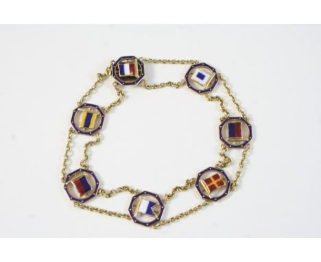 A 15CT. GOLD NAUTICAL PENNANT BRACELET formed with seven hexagonal gold links each centred with a pennant with enamel decorat