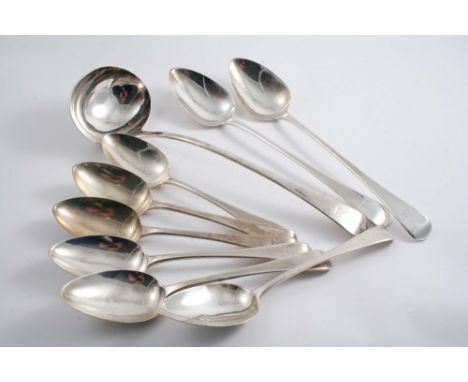 A SET OF SIX GEORGE III OLD ENGLISH PATTERN TABLE SPOONS a soup ladle & a pair of basting spoons, all crested to match, all b