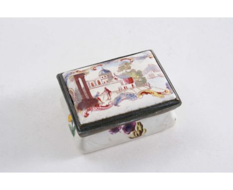 AN ENAMELLED COPPER PATCH BOX oblong with an architectural scene on the cover, late 18th / early 19th century;  1.6"  (4 cms)