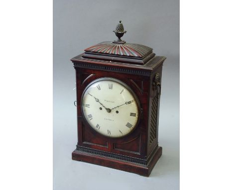 A MAHOGANY MANTEL CLOCK dial white painted signed Wright London, movement with shouldered back plate also engraved and striki