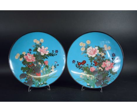 A PAIR OF CLOISONNE ENAMEL PLATES each worked with flowering plants, the reverse with a scale motif,  12ins. (30cms.) dia.