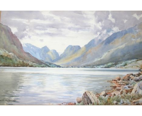 FREDERICK R. FITZGERALD (Fl.1897-1938) THE OLDEN VALLEY, NORD FIORD, NORWAY Signed, watercolour over traces of pencil 36 x 54
