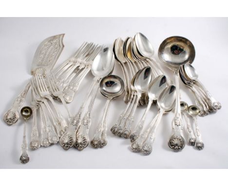 A COLLECTED PART SERVICE IN A VARIANT OF KING'S HONEYSUCKLE PATTERN FLATWARE & CUTLERY (UNION SHELL HEEL):- Eleven table spoo