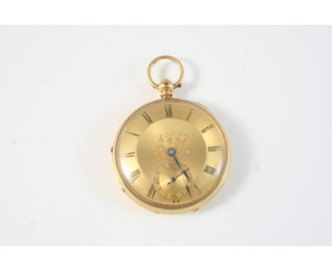 AN 18CT. GOLD OPEN FACED POCKET WATCH the foliate gold dial with Roman numerals and subsidiary seconds dial, with engine turn