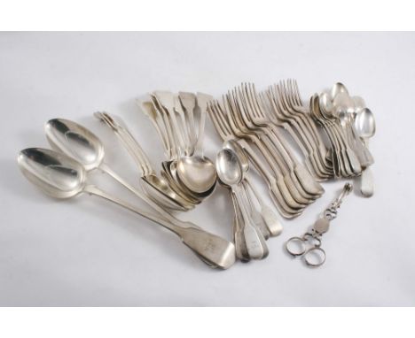 A WILLIAM IV PART-SERVICE OF FIDDLE PATTERN INCLUDING:- Eight table spoons, six table forks, five dessert forks, eleven tea s