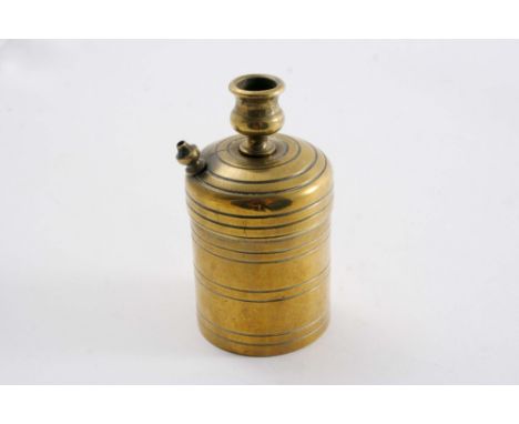 AN EARLY VICTORIAN BRASS "IMPROVED SAFETY PATENT VESTA LIGHT BOX" cylindrical with a nozzle to take a small candle & another 