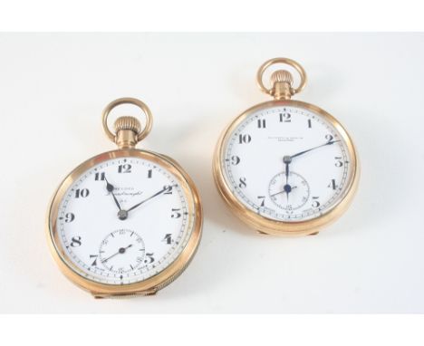 A 9CT. GOLD OPEN FACED POCKET WATCH the white enamel dial signed Fattorini & Sons Ltd. Bradford, with Arabic numerals and sub
