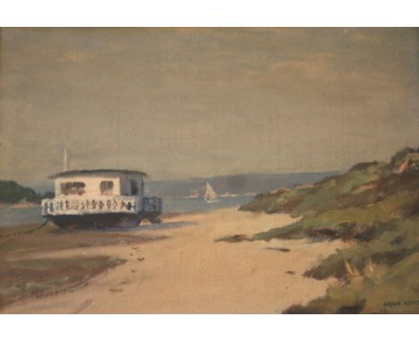 •LESLIE KENT (1890-1980) HOUSE BOAT, POOLE HARBOUR Signed, typed artist's label on back of frame, oil on canvas board 24 x 34