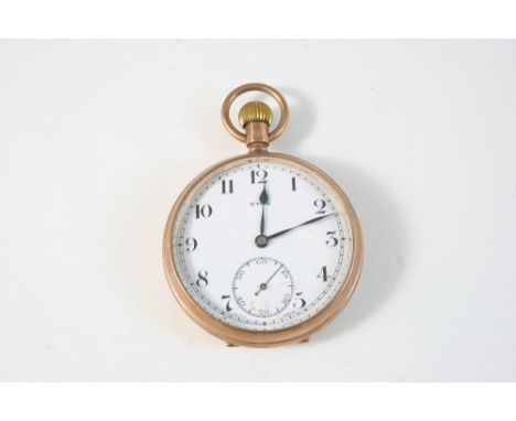 A 9CT. GOLD OPEN FACED POCKET WATCH the white enamel dial signed Cyma, with Arabic numerals and subsidiary seconds dial, 45mm