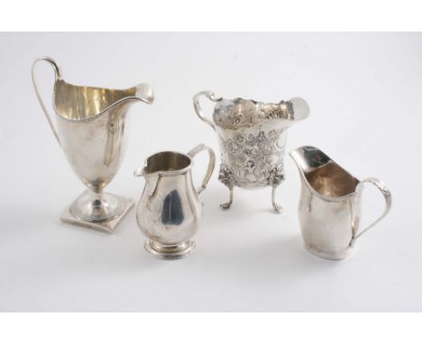 A GEORGE III PEDESTAL CREAM JUG with a loop handle & bead borders, by Crispin Fuller, London 1795, a 19th century embossed cr