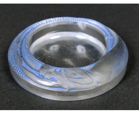 LALIQUE PIN TRAY the circular pin tray in the Antheor design, with frosted glass and blue staining. Signed, R Lalique, France