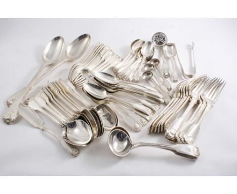 A COLLECTED OR HARLEQUIN CANTEEN OF FIDDLE, THREAD & SHELL PATTERN FLATWARE INCLUDING:- Twelve table spoons, twelve table for