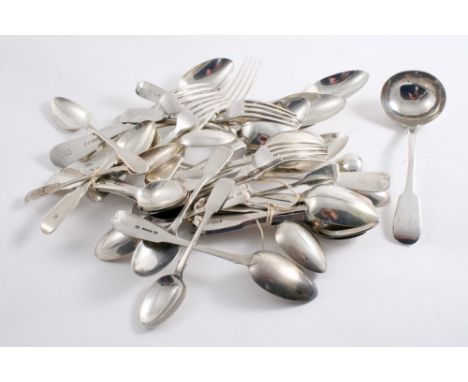 ASSORTED ANTIQUE FIDDLE & FIDDLE RATTAIL PATTERN FLATWARE INCLUDING:- A sauce ladle, twenty seven tea spoons six dessert fork