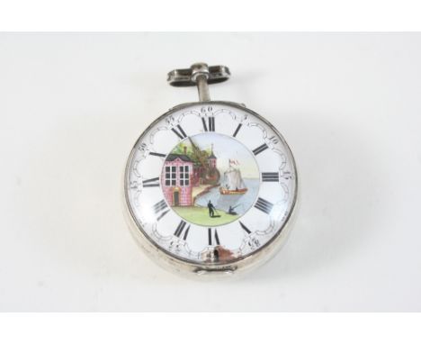 A SILVER POCKET WATCH the white enamel dial with Roman numerals and painted with a scene of figures and buildings by a lake, 