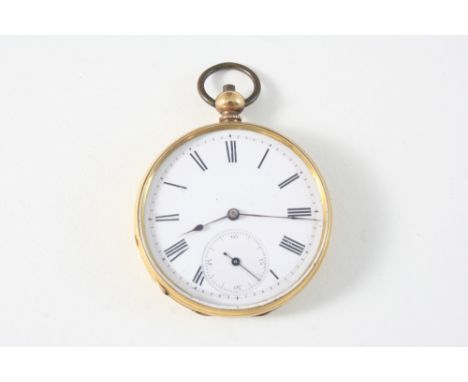 AN 18CT. GOLD OPEN FACED POCKET WATCH the white enamel dial with Roman numerals and subsidiary seconds dial, with engine turn