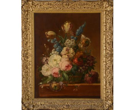 CIRCLE OF GERARD VAN SPAENDONCK (1746-1822) A BASKET OF MIXED FLOWERS UPON A LEDGE Oil on canvas 63.5 x 49cm. ++ Lined; some 