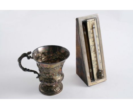 A VICTORIAN EMBOSSED CHRISTENING MUG initialled, probably by William Hunter, London 1838 and a mounted thermometer/barometer 