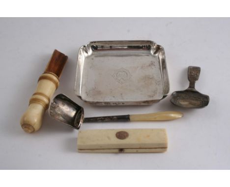 AN IVORY APPLE CORER AND TOOTHPICK BOX, 19TH CENTURY a silver caddy spoon 1833 and another with mother of pearl handle, Birmi