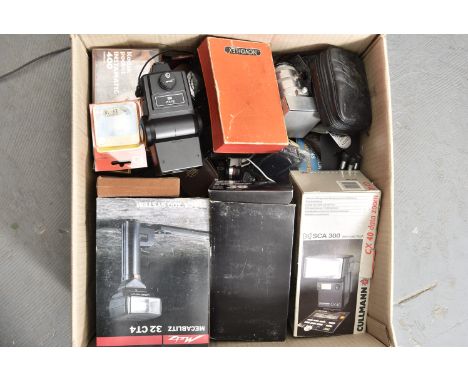 A Large Carton of Cameras, Flashguns and Accessories, including a black Minolta SRT-101b SLR body (boxed), a Konica Pop compa