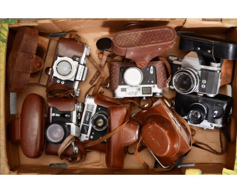 A Tray of Rangefinder and SLR 35mm Cameras,  including an Anscomark M rangefinder camera, FED 4 Type a and Type b rangefinder