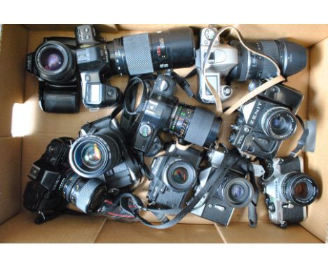 A Tray of SLR Cameras, including Minolta (4 examples), a Nikon F65, Pentax (2 examples), a Yashica 108 Multi program and Zeni