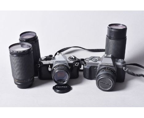 Two Pentax SLR Cameras with Additional Lenses, a Pentax ME Super camera with a SMC Pentax-M 50mm f/1.7 lens, a Pentax P30T ca