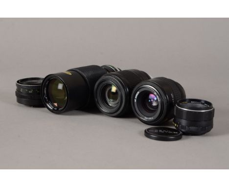 A Group of SLR Lenses, including two AF Nikkors, 35-70mm f/3.3-4.5 and 80-200mm f/4.5-5.6D, an OM-System Zuiko 65-200mm f/4 a