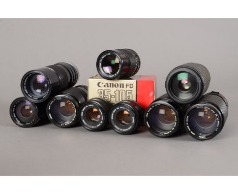 Ten Canon FD Lenses, including a 35-105mm f/3.5-4.5 lens (boxed), 70-210mm f/4 lenses (3 examples), a 70-150mm f/4.5 lens, a 