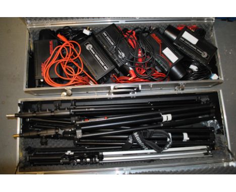 A Collection of Studio Flash Equipment, including 5 Multiblitz Ministudio Flash Heads, 5 Manfrotto telescopic stands, a gold 